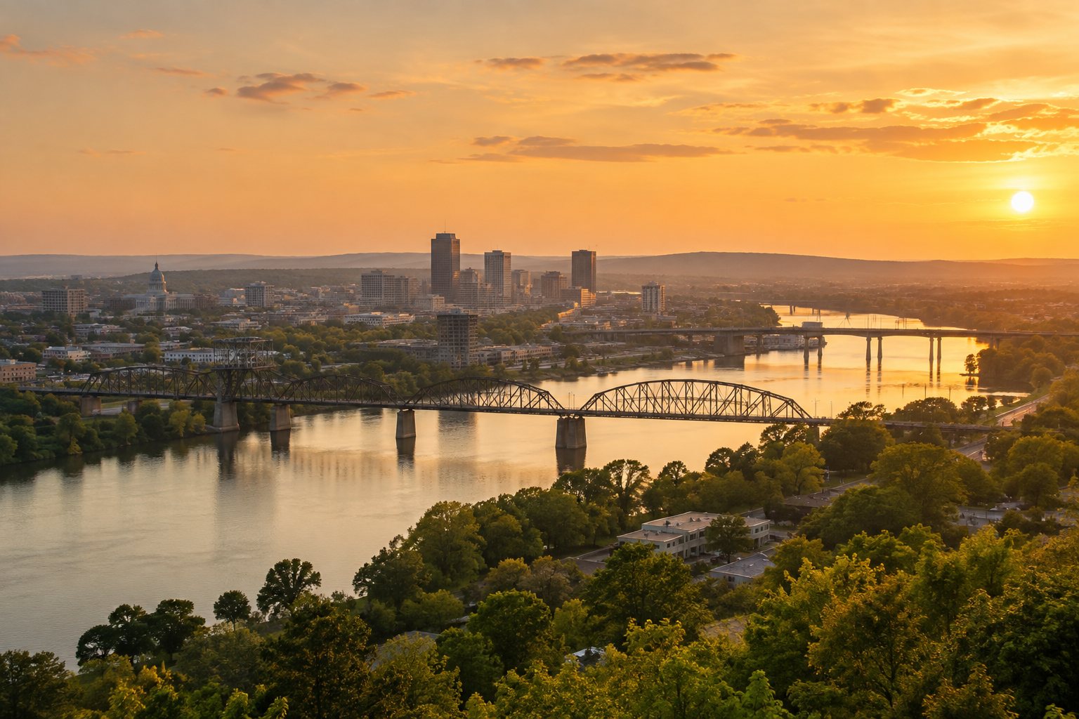 The Central Arkansas river valley at golden hour, illustrative